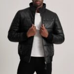 Lucas Black Leather Puffer Bomber Jacket