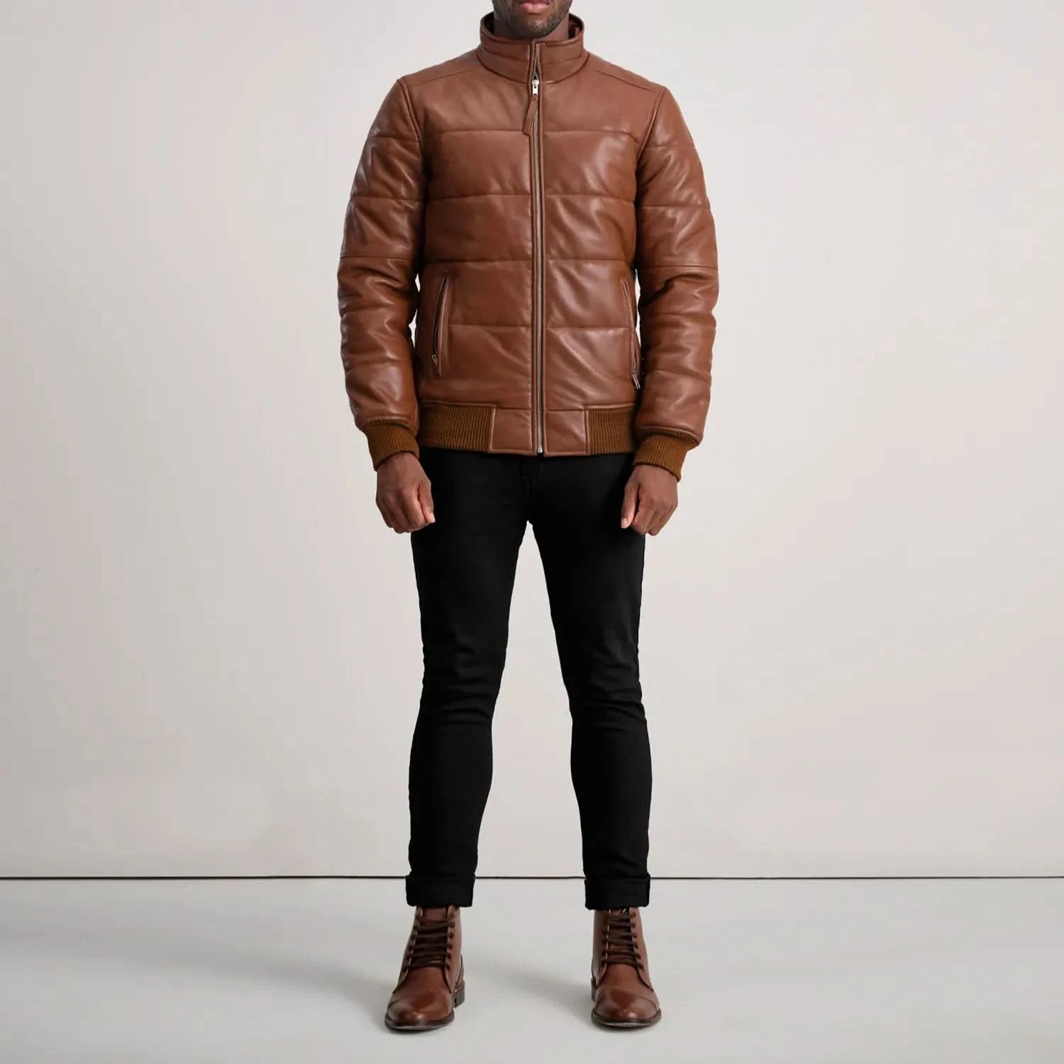 Lucas Brown Leather Puffer Bomber Jacket - Image 5