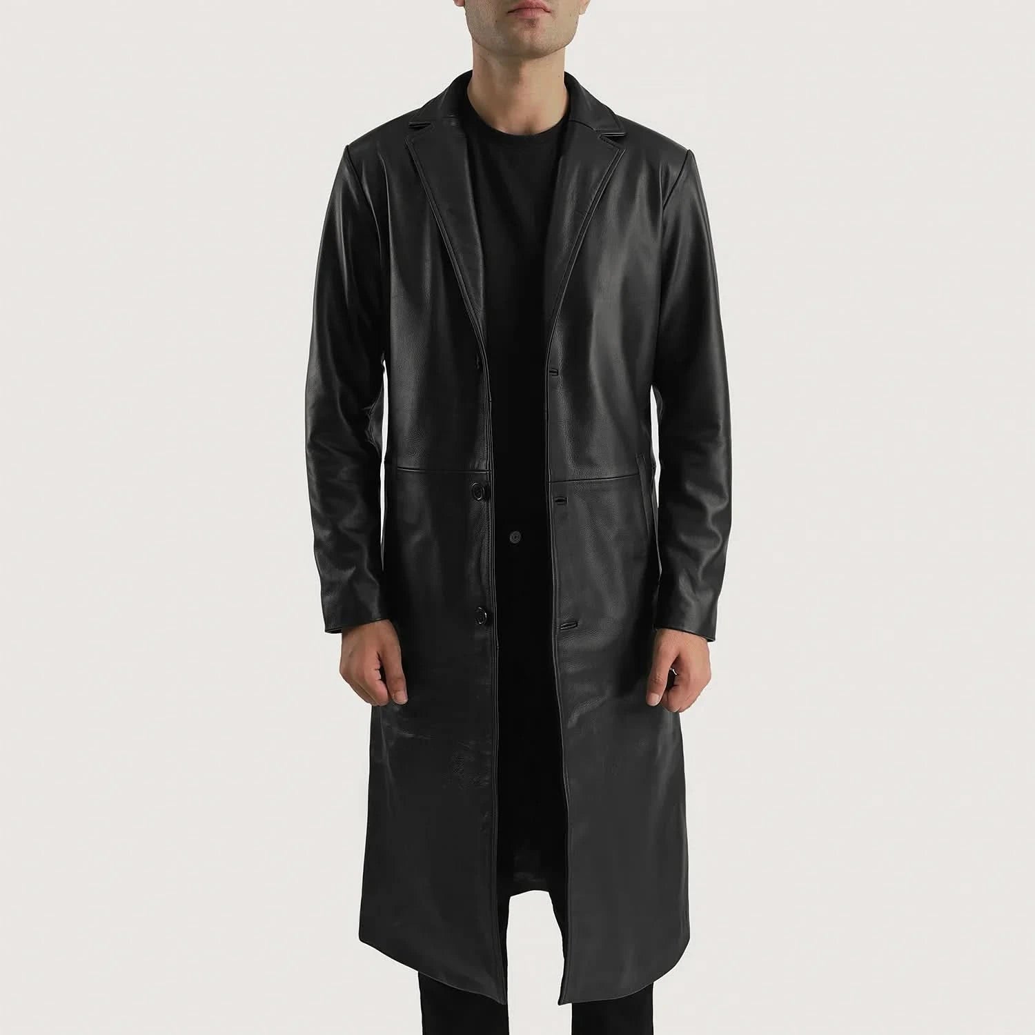 Mateo Black Leather Single Breasted Coat - Image 3
