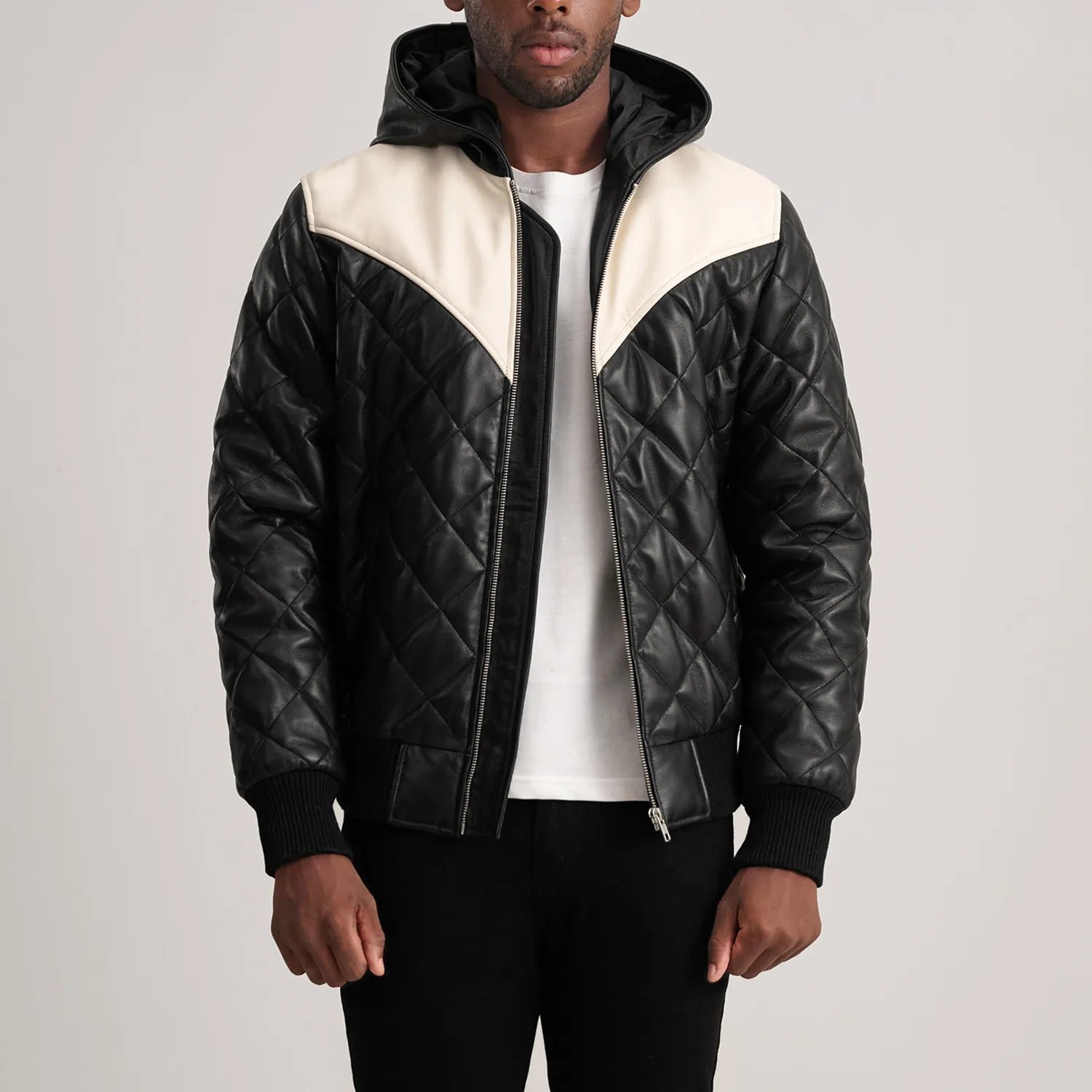 Norman Black Hooded Bomber Leather Puffer Jacket - Image 1