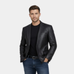 Mens Two Button Black Leather Blazer Jacket