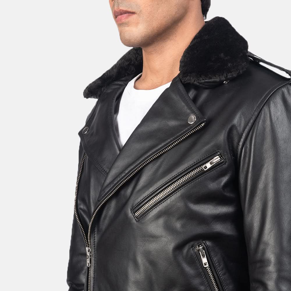 Furton Black Leather Biker Jacket - Image 4