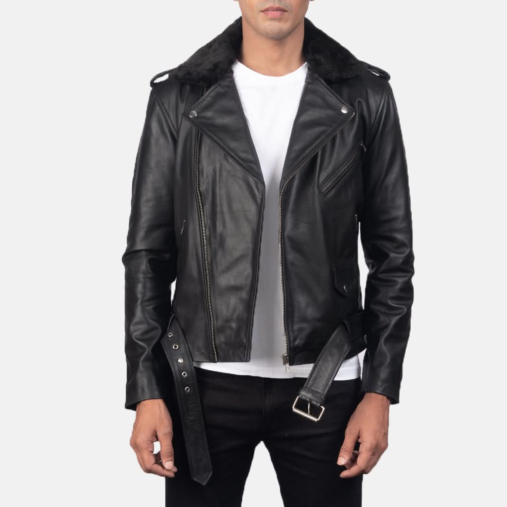 Furton Black Leather Biker Jacket - Image 5