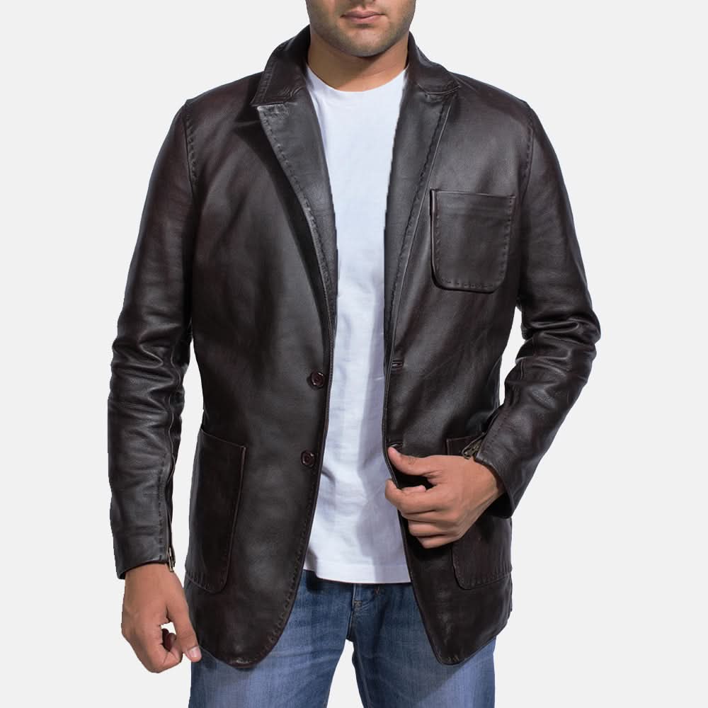 Wine Black Leather Blazer - Image 4