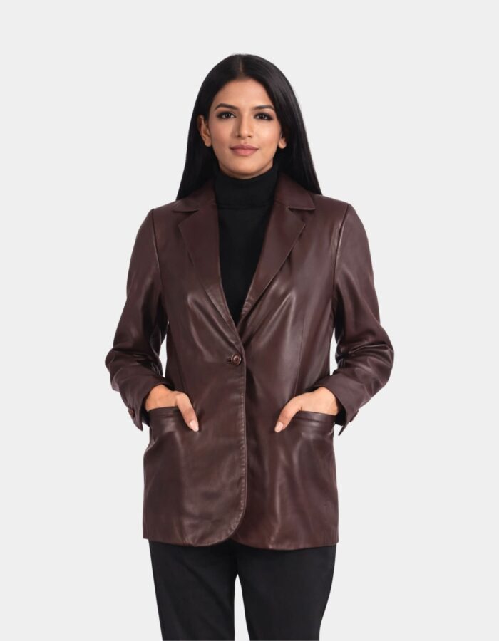 Norma Maroon Leather Blazer - Leather Clan