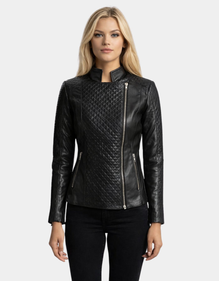 Orient Grain Quilted Black Leather Biker Jacket - Leather Clan