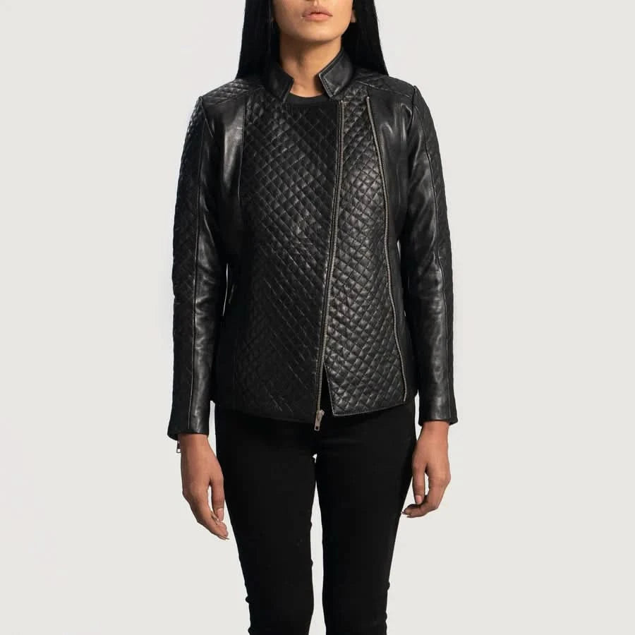 Orient Grain Quilted Black Leather Biker Jacket - Leather Clan