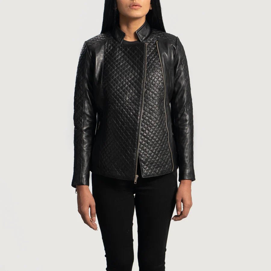 Orient Grain Quilted Black Leather Biker Jacket - Image 1