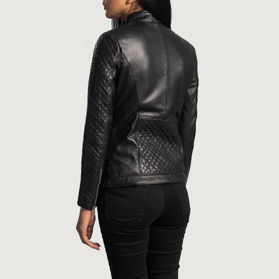 Orient Grain Quilted Black Leather Biker Jacket - Image 2
