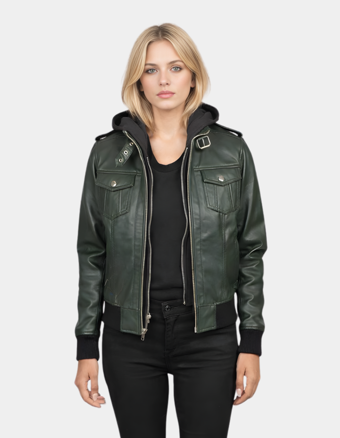 Roslyn Green Hooded Leather Bomber Jacket - Leather Clan