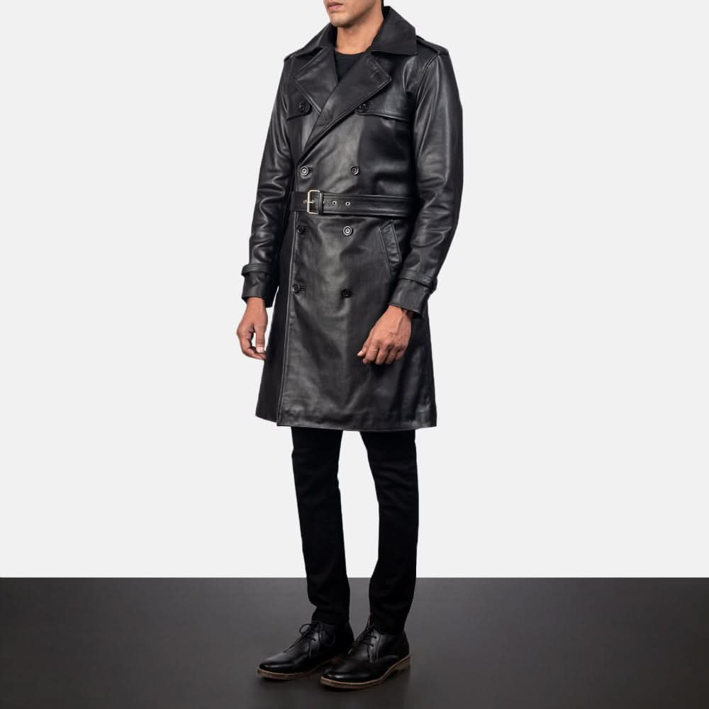Royson Black Leather Duster Coat - Image 2