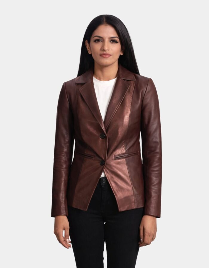 Ruby Metallic Maroon Leather Blazer - Leather Clan