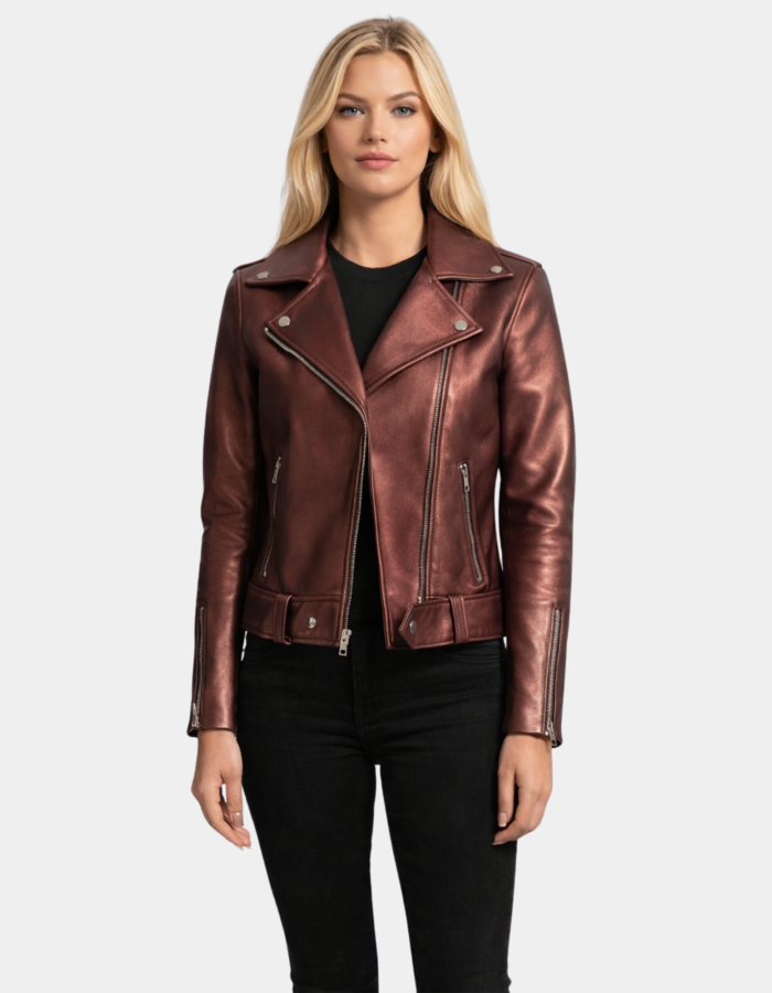 Rumy Maroon Leather Biker Jacket - Leather Clan