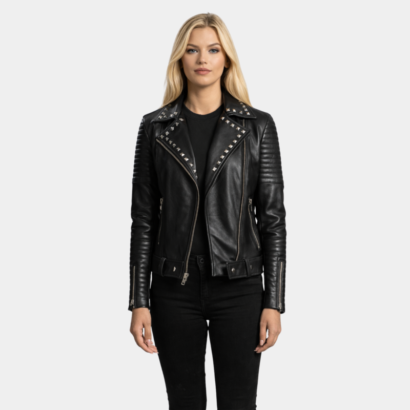 Sally Mae Studded Black Leather Biker Jacket - Leather Clan