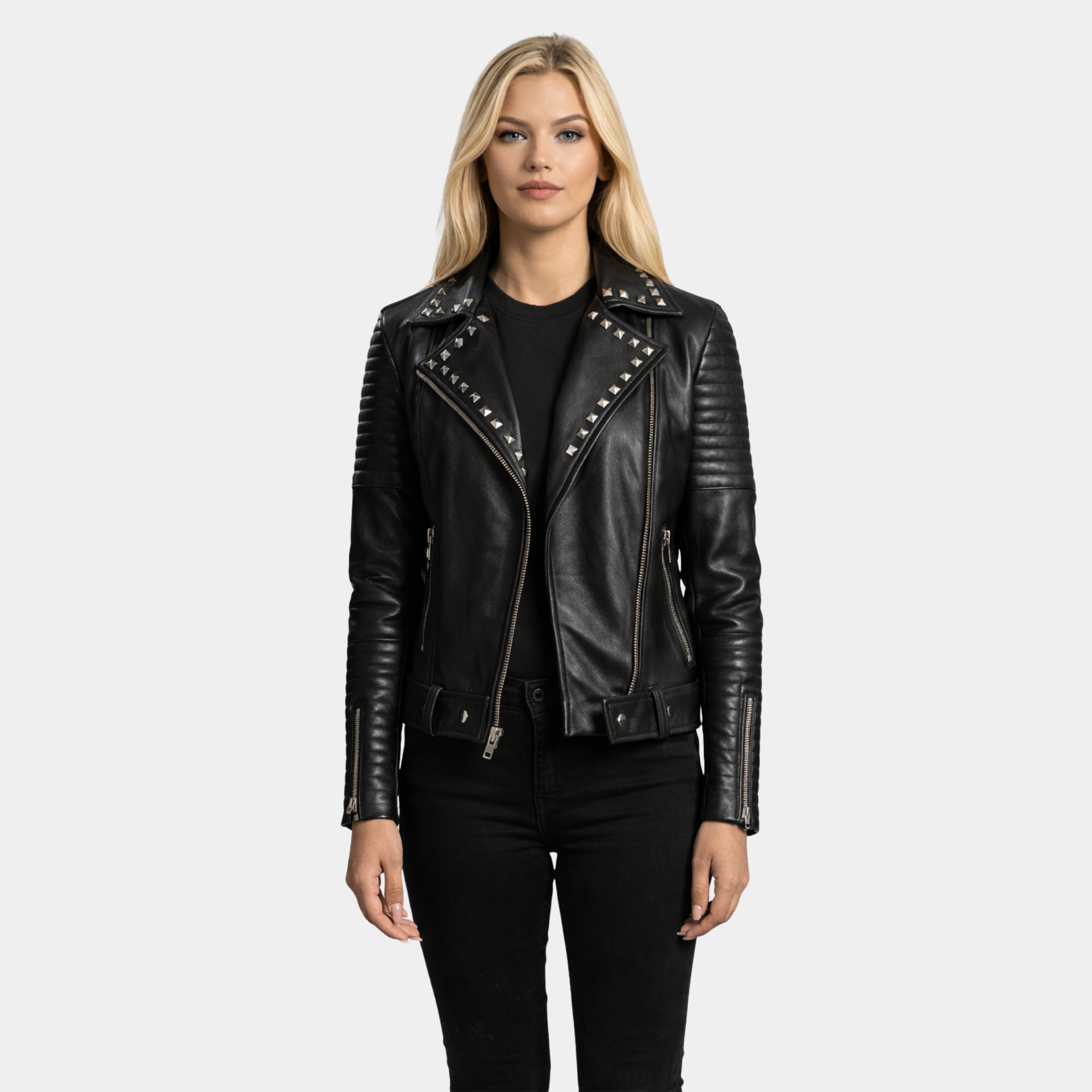 Sally Mae Studded Black Leather Biker Jacket - Leather Clan