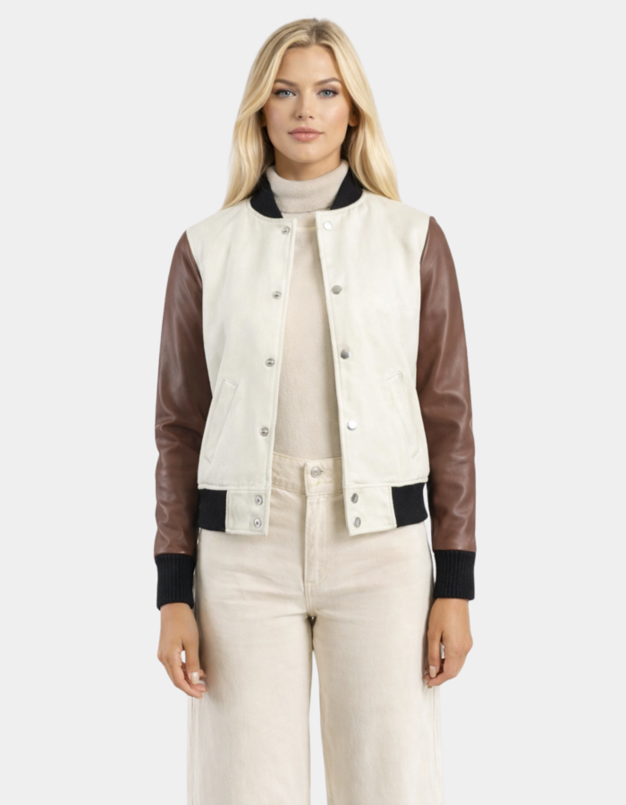 Savant White & Brown Hybrid Varsity Jacket - Leather Clan