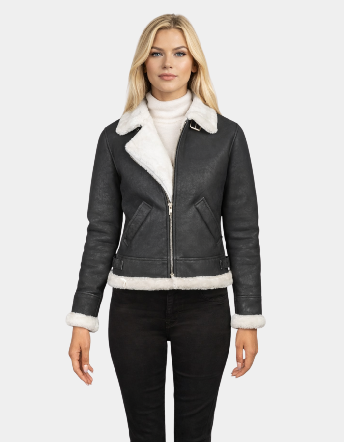 Sherilyn B-3 Black & White Leather Bomber Jacket - Leather Clan