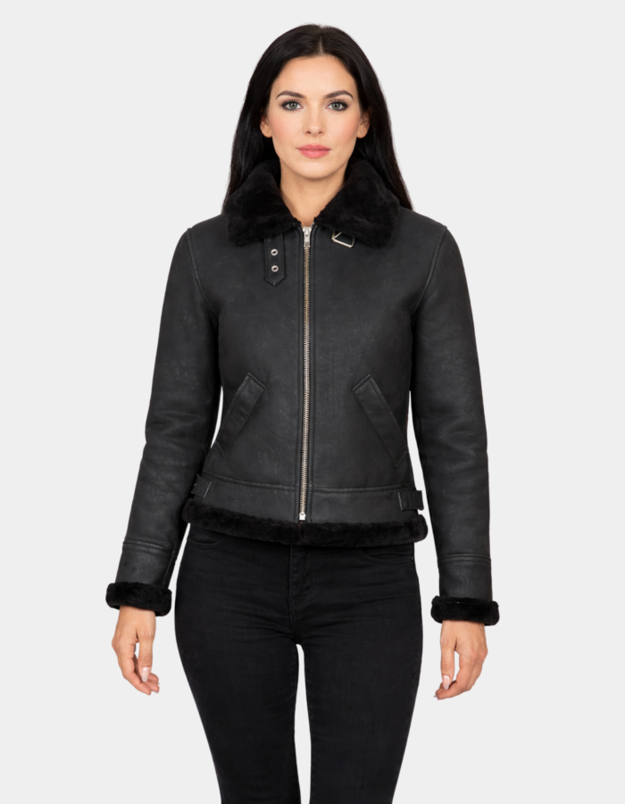 Sherilyn B-3 Distressed Black Leather Bomber Jacket - Leather Clan