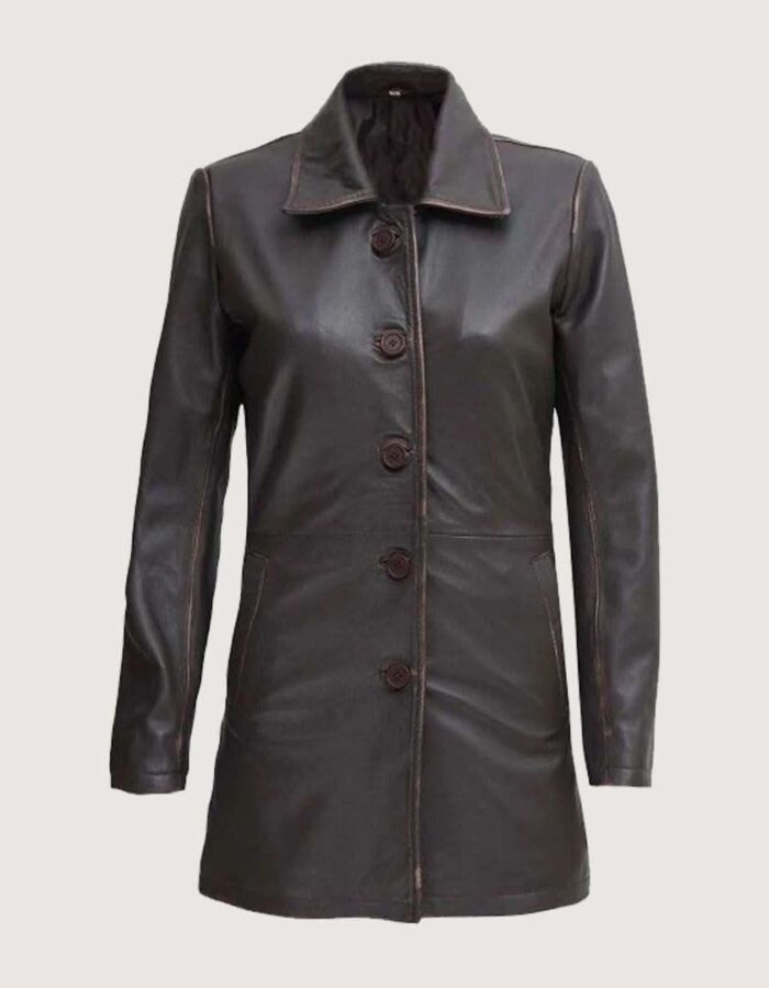 Dark Brown Women Leather Car Coat