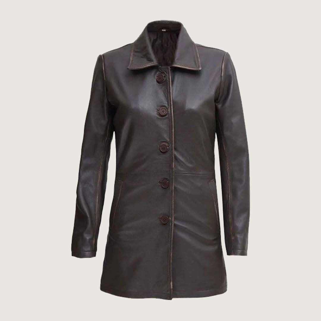 Dark Brown Women Leather Car Coat
