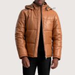 Gordon Tan Hooded Leather Puffer Jacket
