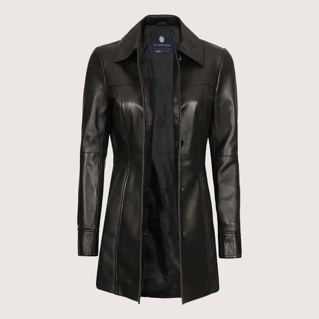 Kandis Womens Black Leather Car Coat