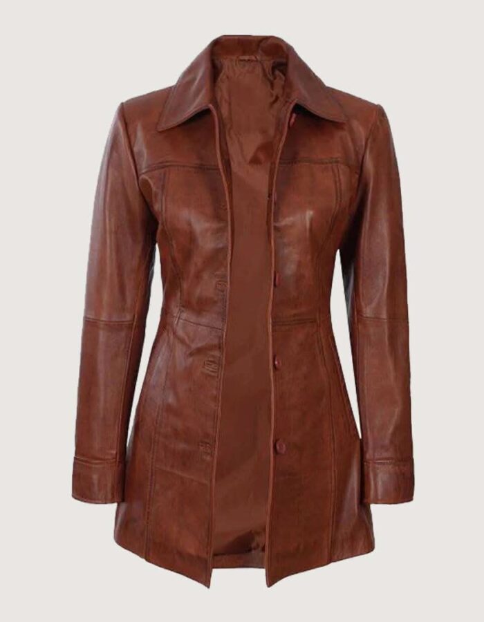 Kandis Womens Cognac Leather Car Coat