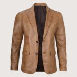 Men's Two Button Classic Camel Brown Leather Blazer