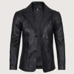Men's Stylish Black Leather Blazer - Two Button