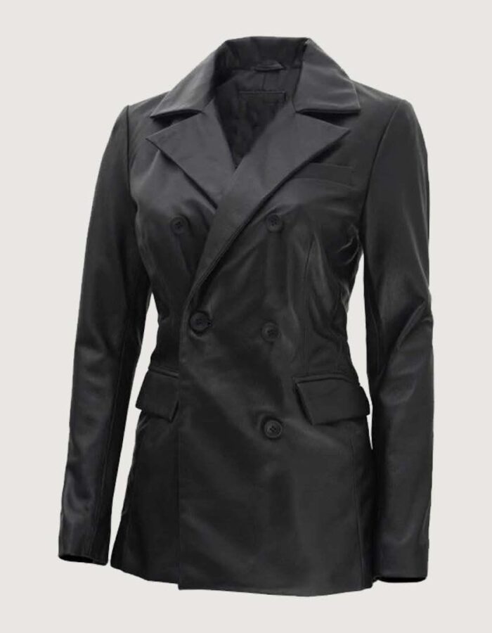 Breanna Women Double Breasted Black Leather Blazer