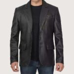Mens Two Button Black Leather Blazer Jacket