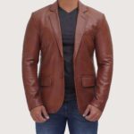 Mens Tan Outer Pocket Leather Blazer Jacket