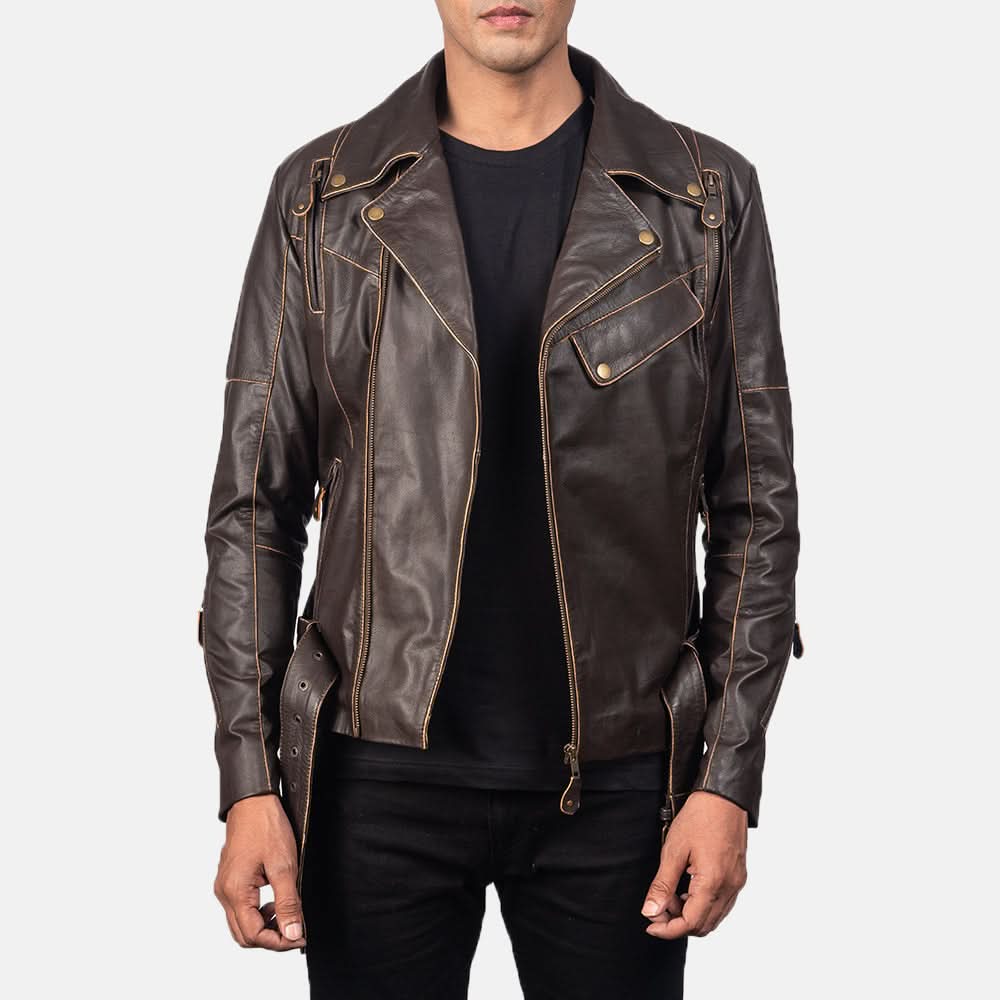 Vincent Brown Leather Biker Jacket - Image 3