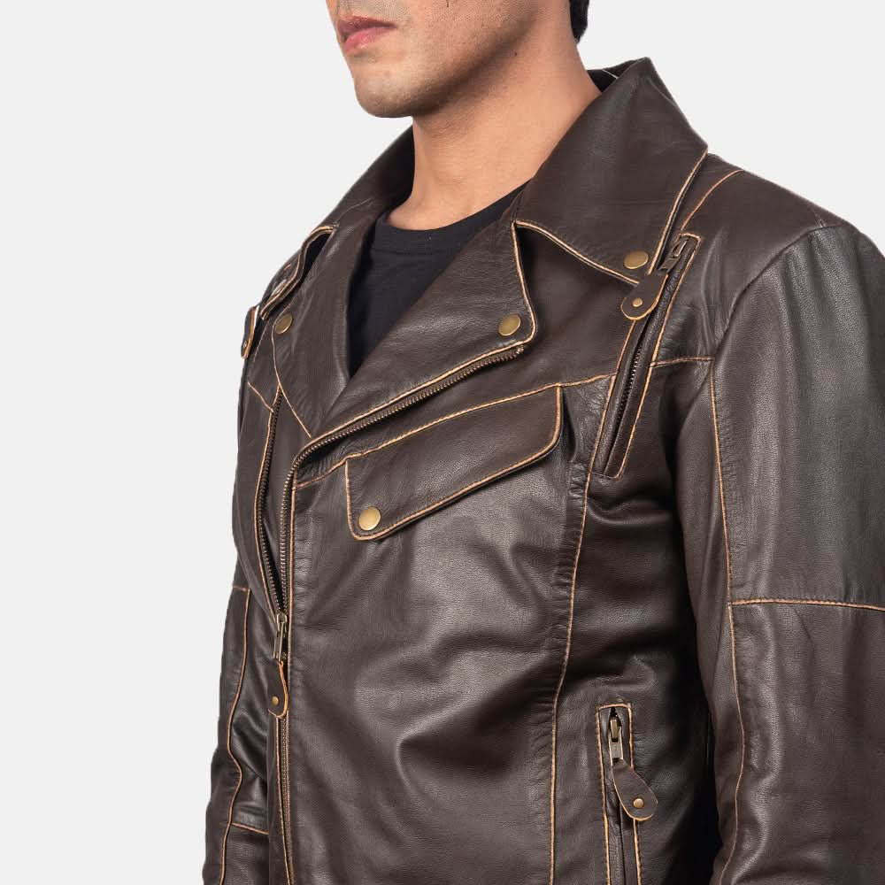Vincent Brown Leather Biker Jacket - Image 6