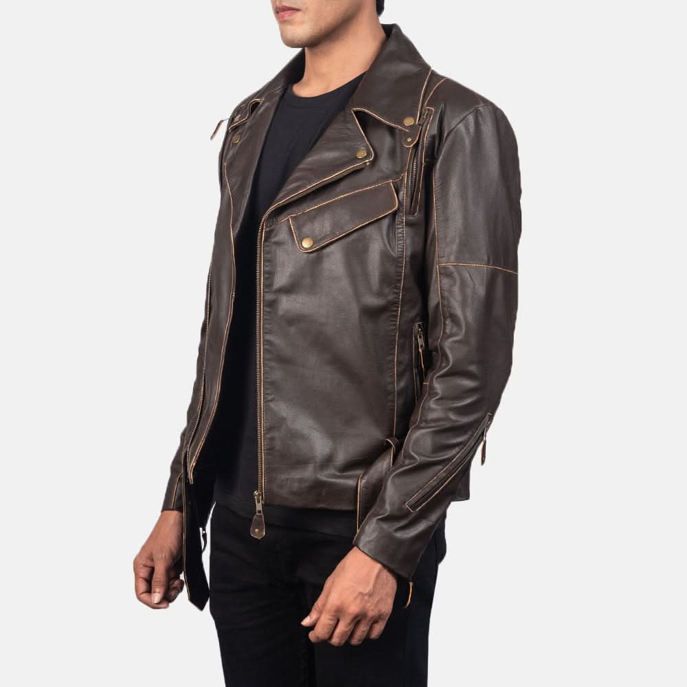 Vincent Brown Leather Biker Jacket - Image 7