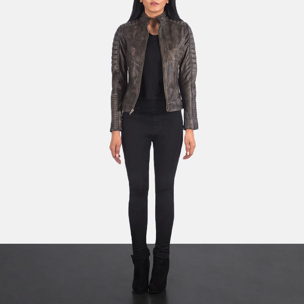 Adalyn Quilted Distressed Brown Leather Biker Jacket - Leather Clan
