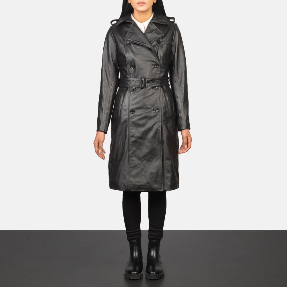 Alice Black Double Breasted Leather Coat - Leather Clan