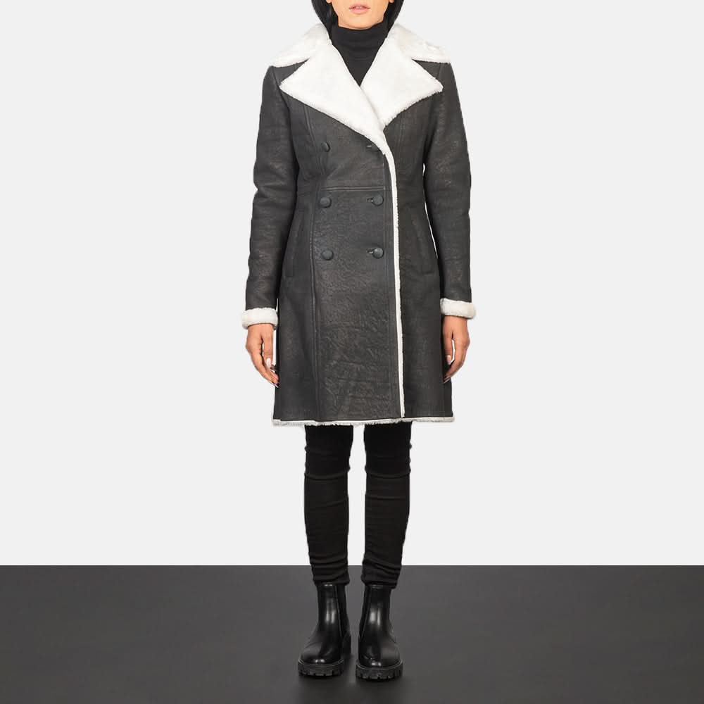 Amie Black Double Breasted Shearling Coat - Leather Clan