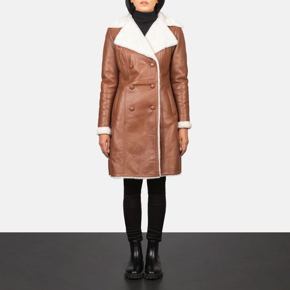 Amie Brown Double Breasted Shearling Coat - Leather Clan