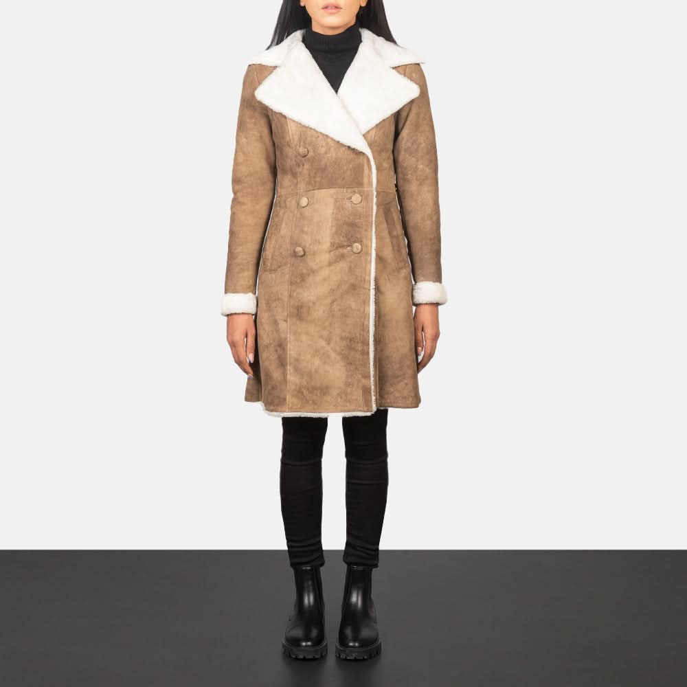Amie Distressed Brown Double Breasted Shearling Coat - Leather Clan