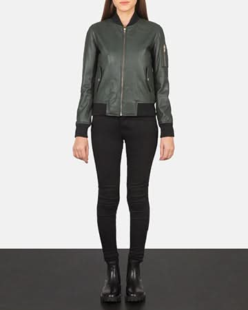 Ava Ma-1 Green Leather Bomber Jacket - Leather Clan