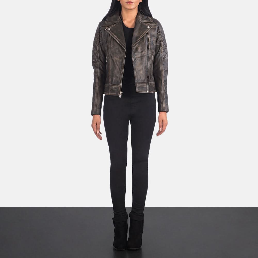 Carolyn Quilted Distressed Brown Biker Jacket - Leather Clan