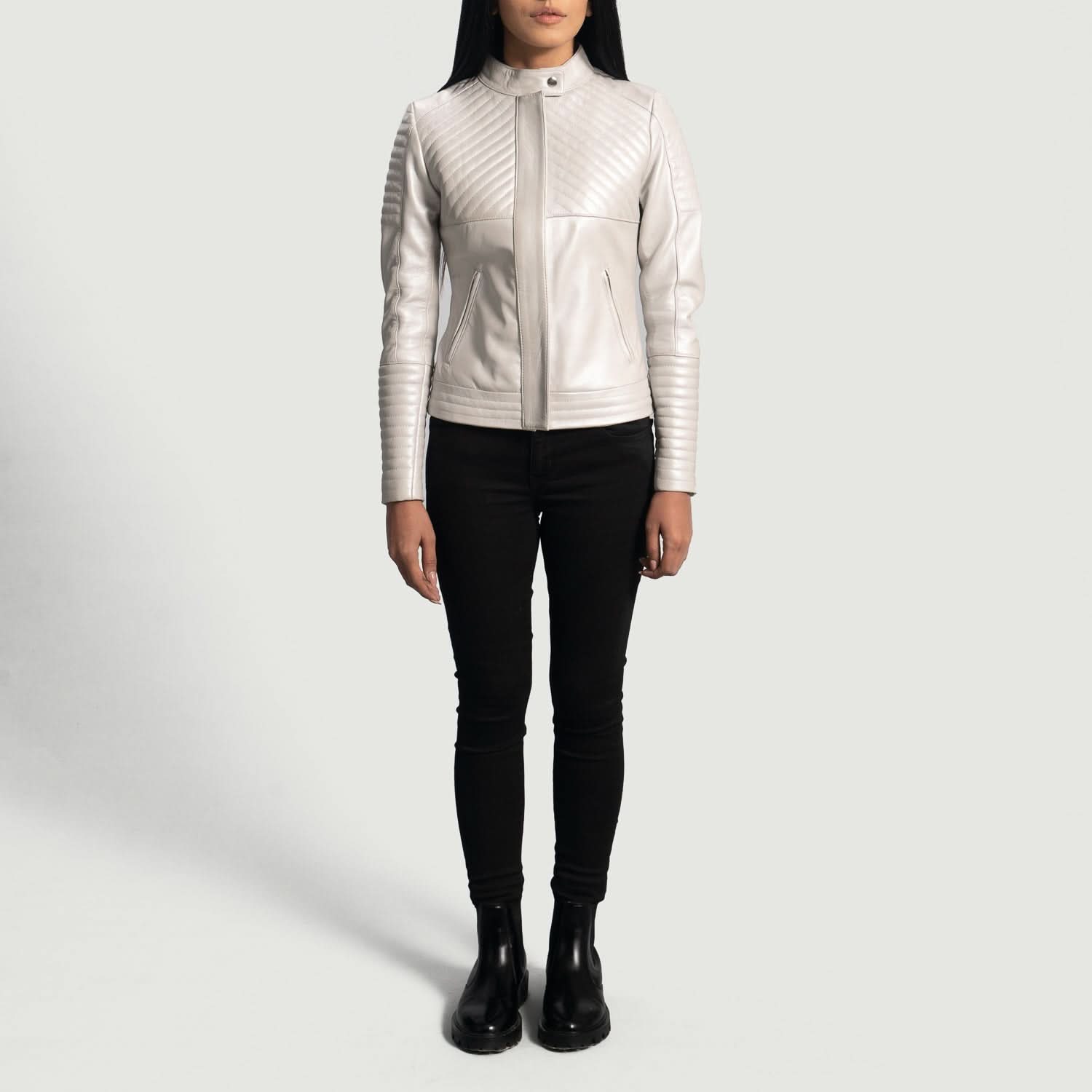 Ice Maiden Silver Quilted Leather Biker Jacket - Leather Clan