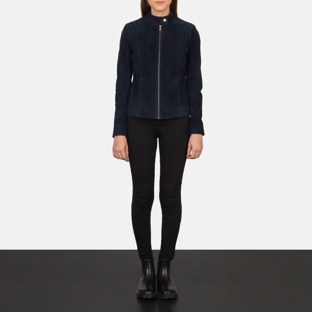 Kelsee Navy Blue Suede Biker Jacket - Leather Clan