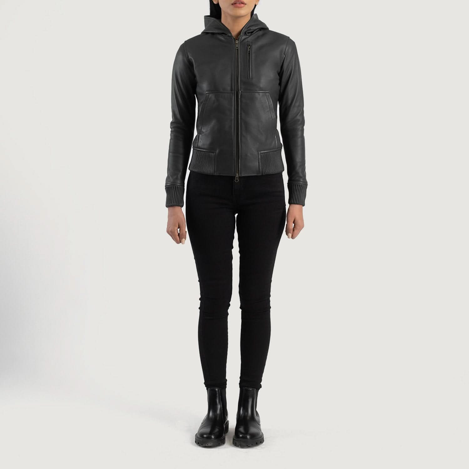 Nova Black Hooded Leather Bomber Jacket - Image 4