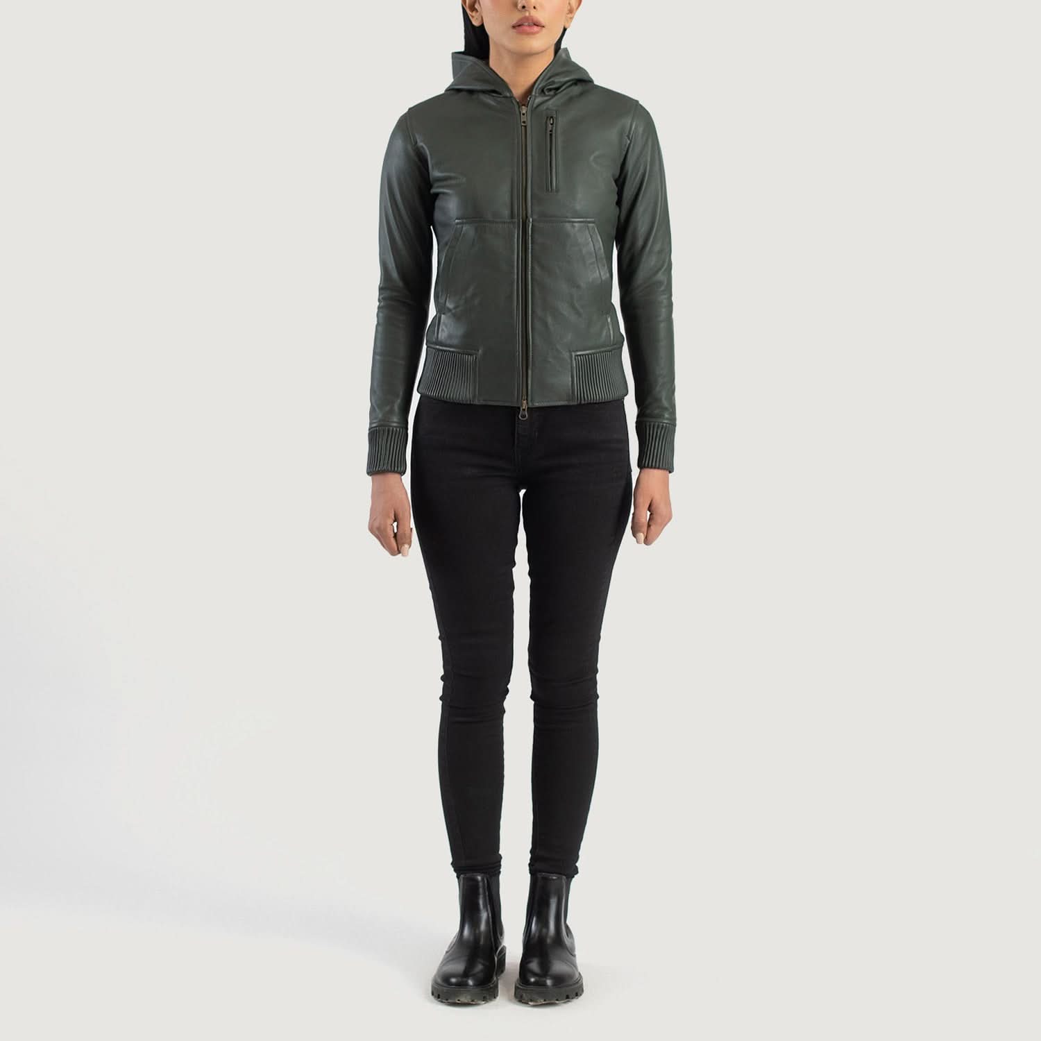Nova Green Hooded Leather Bomber Jacket - Image 4