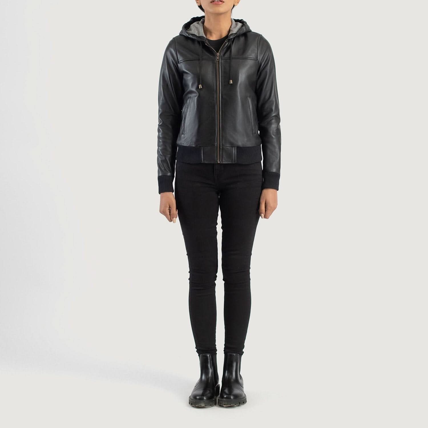 Rebella Black Hooded Leather Bomber Jacket - Image 4