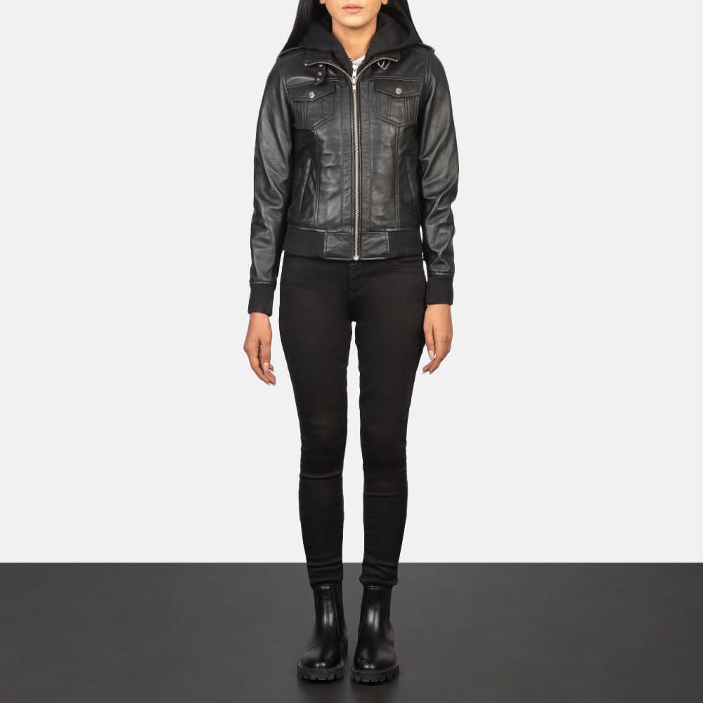 Roslyn Black Hooded Leather Bomber Jacket - Image 4