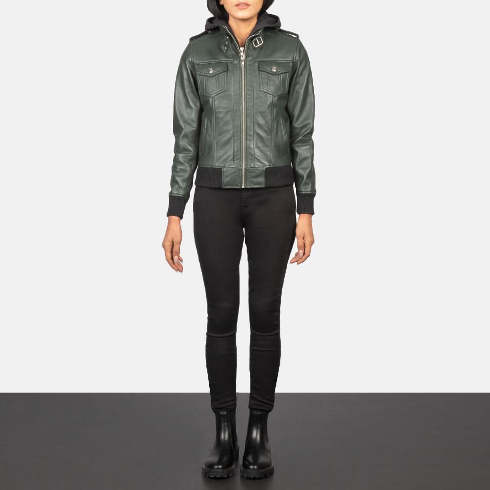 Roslyn Green Hooded Leather Bomber Jacket - Leather Clan