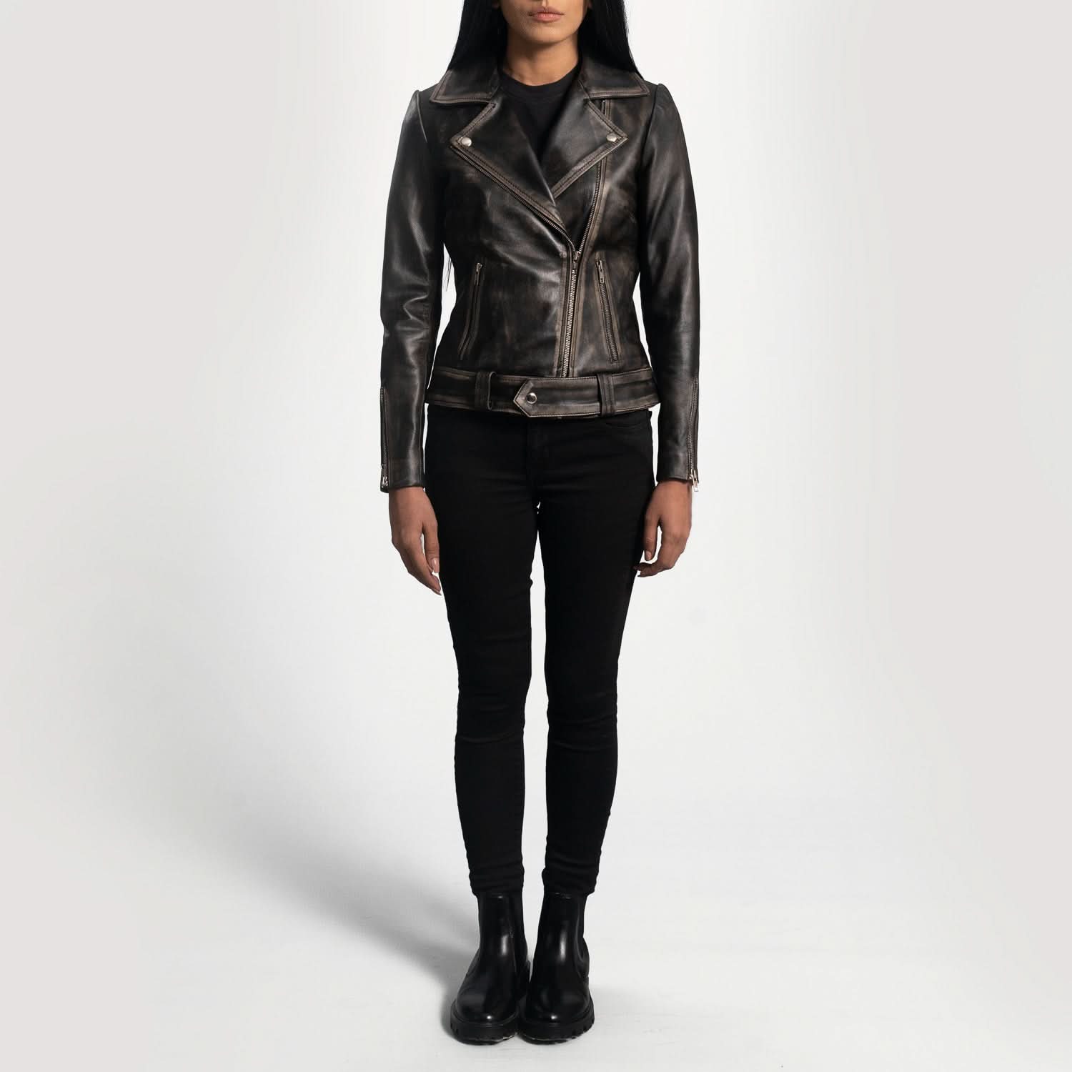 Rumy Distressed Brown Leather Biker Jacket - Image 4